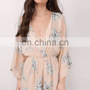 Peach Floral Print Summer Romper Fashion Women Clothing thumbnail-1