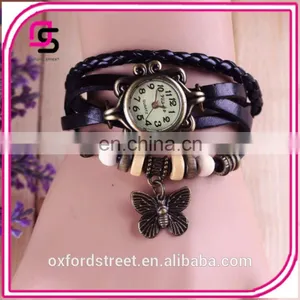 Ms Retro Hand-woven Imitation Leather Bracelet Watch Fashion and Colorful Butterfly Pendant Quartz Watch thumbnail-2