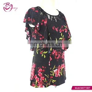 One Piece Two Color Floral Lurex Mesh Print Irregular Sleeve Casual Blouse for Middle Age Woman thumbnail-2