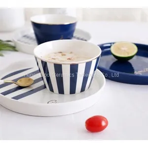 Nordic Blue White Stripes Ceramic Tableware Set Western Food Plate Bowls Breakfast Dish Salad Bowl Rice Bowl Dishes thumbnail-1