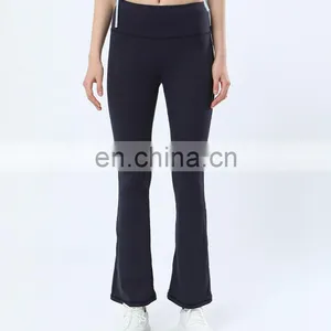 Wholesale Nude High Waist Back Pocket Flared Yoga Leggings Peach Hip Wide Leg Sports Gym Pants For Women Active Exercise Wearn thumbnail-5