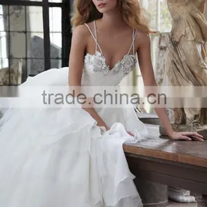 Spaghetti Straps Sweetheart Ivory Organza Wedding Dresses Sexy Open Back Bridal Gowns thumbnail-2