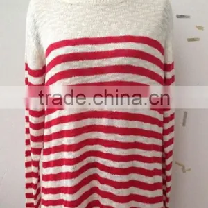 New Design Round Neck Red Striped Casual Pullover Lady Sweater thumbnail-1
