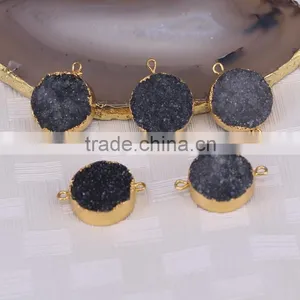 Black Druzy Quartz Stone Connector Beads, Round Shape Gold Plated Crystal Drusy Beads For Jewelry Making thumbnail-1