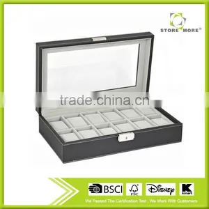 Watch Box Large 12 Mens Black Leather Display Glass Top Jewelry Case Organizer thumbnail-1