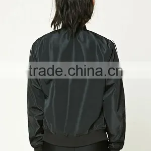 Wholesale Price Boutique Girl Clothing Woven Contrast Sleeve Zipper Front Basic Collar Stripe Lady Fashion Soccer Bomber Jacket thumbnail-4