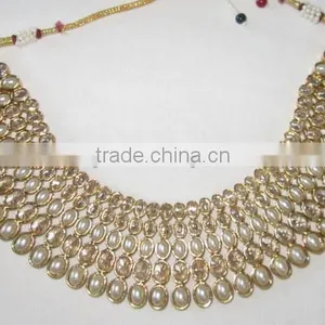 Gold Plated Crystal Pearl White Reverse AD Designer Necklace Earring Set thumbnail-1