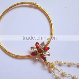 BIG HOOP NATH Press NOSE RING GOLD PLATED POLKI PEARL String thumbnail-2