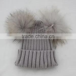 Myfur Wholesale New Designed Knitted Beanie With Fur Pom Pom for Kid and Baby thumbnail-4