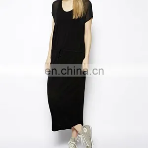 CHEFON Plain Black Maxi Dress With Drawstring Waist thumbnail-1