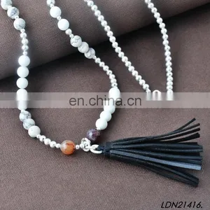 Wron Siver Beaded Leather Tassel Long Necklaces thumbnail-3