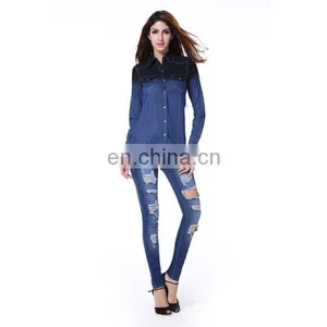 Long Sleeve Navy Factory Wholesale Ladies Denim Shirts thumbnail-1