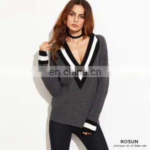 Grey Striped Trim Deep V Neck Knitted Sweater thumbnail-2