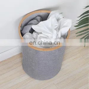 Portable Fabric Laundry Storage Basket Round Foldable Large Bamboo Dirty Clothes Organizer Baskets thumbnail-4