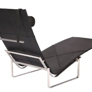 Mid-Century Leather Chaise Lounge Chair, Poul Kjaerholm PK24 Replica Recliner With Stainless Steel Frame for Living Room Hotel thumbnail-4