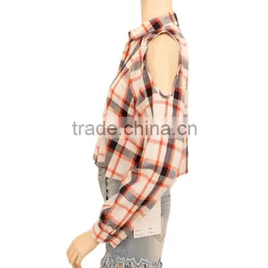 Cold Shoulder Women Plaid Shirt Long Sleeve Fashion Blouses 2015 thumbnail-3