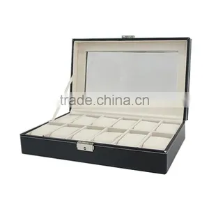 Store More Watch Box Large 12 Mens Black Leather Display Glass Top Jewelry Case Organizer thumbnail-3