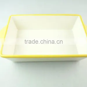 Stocklot Rectangular Shape Yellow Line Glaze Ceramic Bakeware With Handles thumbnail-1