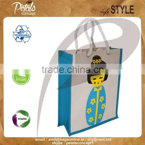 Printed Canvas Three Bottle Wine Bag With Twisted Rope Handle thumbnail-1
