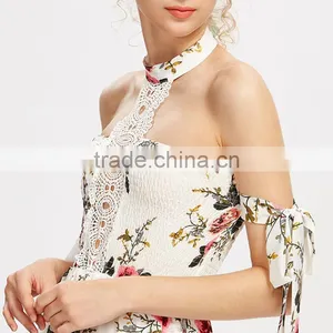 Polyester White Ladies Jumpsuit, Floral Print Contrast Lace Playsuit thumbnail-5
