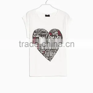Sweet Teen Girls Heart Print Rolled-up Sleeves White Korean Fashion Cotton T Shirt thumbnail-3