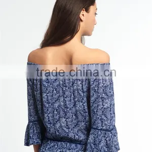 2017 Guangzhou Shandao Latest Fashion Summer Design 3/4 Flare Sleeve Round Neck Printed Loose Ladies Chiffon Tops thumbnail-4