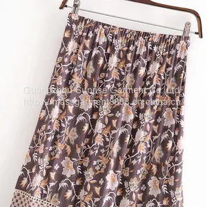 Wholesales Summer Half-length Skirt Retro Rayon Placement Printing 100% Rayon Cotton Tassel Elastic Waist Long Skirt Female thumbnail-1
