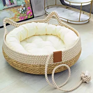 Removable Woven Cat Bed Upholstery Sleeping House Cat Scratch Floor Rattan Wear-resistant Washable Cat Cave Pet Supplies thumbnail-1