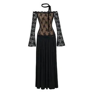 Pure Desire Style Off-shoulder Lace Patched Faux Two-piece Long Sleeve Dress, New Autumn Waist-cinching Slim and Elegant Long Dress thumbnail-5