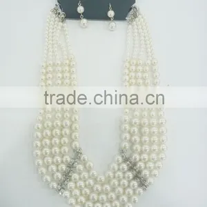 FASHION CHUNKY MULTI ROW STATEMENT PEARL NECKLACE EARRING SET thumbnail-1