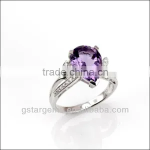 925 Sterling Silver Natural Gemstone Amethyst Rhodium Plated Jewelry CZ Ring thumbnail-1
