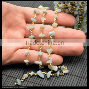 LFD-009C ~ Wholesale Gold Plated Amazonite Stone Chips Beaded Wire Wrapped Rosary Chains Natural Chip Stone Rosary Chains thumbnail-1