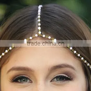 Whosale Bride Wedding Bride Hair Decoration Headbands Indian Boho Pearl Head Chain thumbnail-4