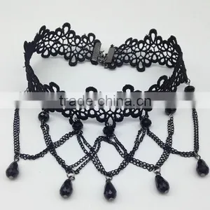 Women Gothic Black Beads Drop Lace Choker Collar Retro Chain Tassel Necklace thumbnail-3