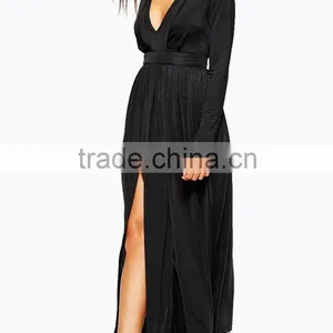 Plain Black Pleated Skirt Long Sleeve Deep v Evening Dress thumbnail-3