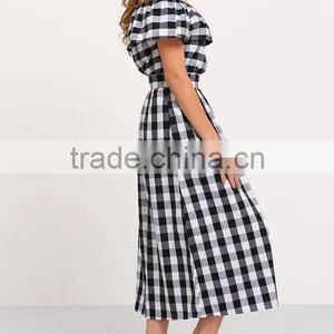 Woman Black and White Plaid Off The Shoulder Short Sleeve Summer Casual Dress thumbnail-3