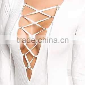 MGOO High Quality Women Long Sleeves Lace Up Bodysuit Low Back Off Plain White V Neck Rib 95% Cotton 5% Spandex thumbnail-3