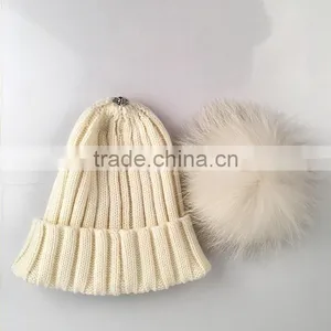 Myfur Elegant 30% Wool Knitted Striped Beanie Hat With Real Raccoon Fur Pom Pom thumbnail-3