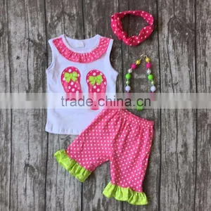 Baby Girls Ruffles Shorts Clothing Suit Summer Slipper Cotton Outfits Kids Set Hot Pink Polka Dot With Matching Accessories thumbnail-1