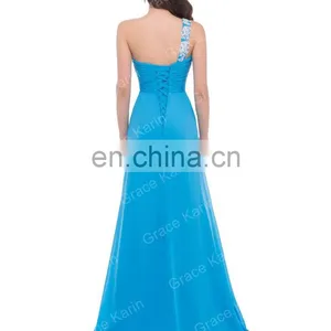 New Arrival One Shoulder Blue Beaded Chiffon High Split Evening Dress CL3183-1 thumbnail-3