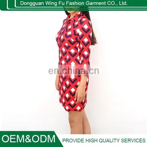 Ladies Retro Printing Red Knitted Cotton Shirt Style Long Sleeve Lapel Dress thumbnail-1
