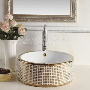 China Ceramic Bathroom Sanitary Ware Rectangle Single Hole Golden Art Luxury Table Top Wash Art Basin thumbnail-2