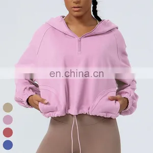 Drawstring Hem Yoga Jacket Loose Casual Running Coat Half Zipper Sports Jackets Long Sleeve Gym Fitness Hoody Women Yoga Jacket thumbnail-4