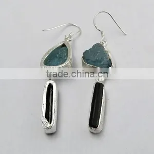 New Style Rough Aquamarine & Black Onyx 925 Sterling Silver Earring, 925 Stamped Silver Jewelry, Buy Silver Jewelry thumbnail-6
