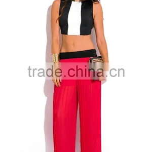 Hot Sale Lady Red Pleated Chiffon Wide Leg Pants Wholesale thumbnail-1