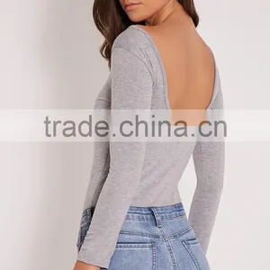 Custom Size One Piece Plain Jumpsuit Long Sleeve Basic Grey Scoop Neck Thong Bodysuit thumbnail-2