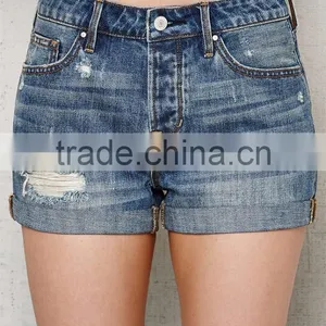 Blue Ripped Cuffed Denim Custom Sports Shorts for Women thumbnail-1