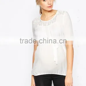 Elegant Semi-sheer Pleated Lace Detail Maternity Wear Wholesale Tank Top thumbnail-2