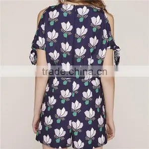 Classy Cold Shoulder Floral Printecd Short Rompers With Adjustable Sleeves thumbnail-4