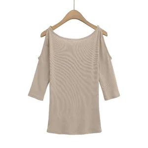Summer New Fashionable Casual V-neck off Shoulder Design Slim Fit Top Solid Color Mid Sleeve T-shirt thumbnail-4